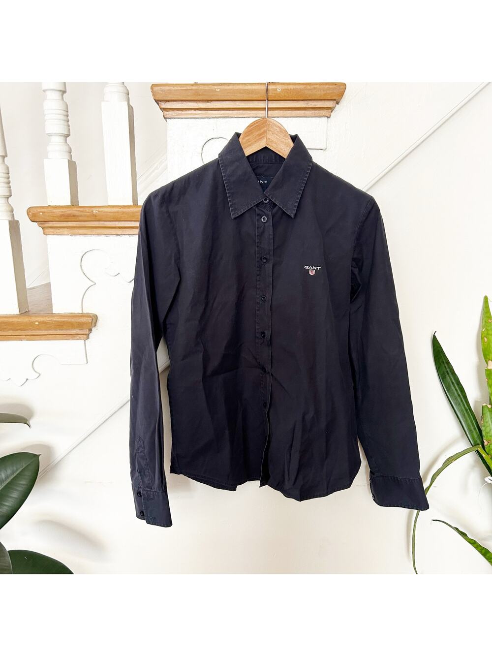 GANT Womens Black Button-Down Stretch Shirt Long Sleeve Logo Size 8